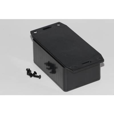 Black plastic housing with removable cover, alongside several screws, on a white background.
