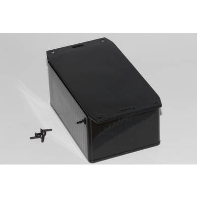 Black rectangular case with a removable lid, with four black screws lying beside it.