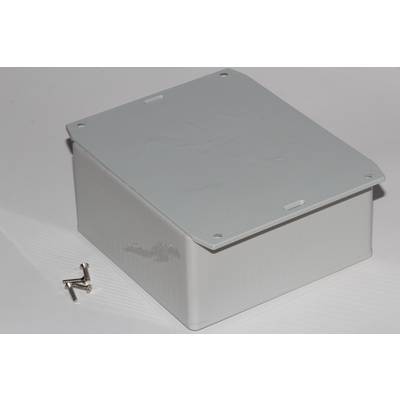 A rectangular grey plastic box with a removable lid, with three small screws lying beside it.