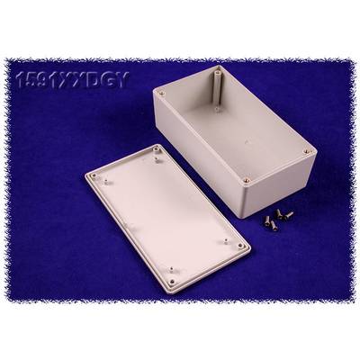 Rectangular grey plastic enclosure, opened, with matching lid and four screws, against a blue background.