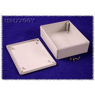 An open, rectangular plastic enclosure on a blue background. Next to it lies the removed lid and several screws.