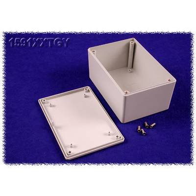 A rectangular grey plastic enclosure with its cover removed and four screws is lying on a blue surface.