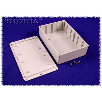 Grey, rectangular plastic enclosure in two parts opened, with screws beside it; on a blue background.