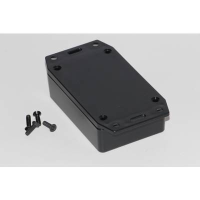 A rectangular, black electronic enclosure with four screws beside it, on a white background.