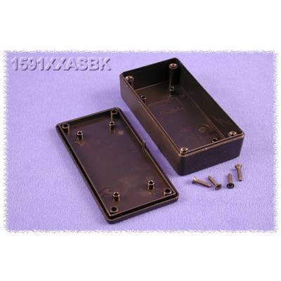Open black plastic case with a removable lid and four screws, set against a lilac background.
