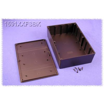 Large, rectangular, black plastic casing with removed lid, surrounded by small screws on a purple background.