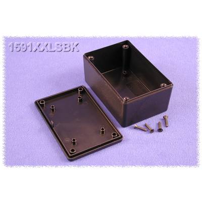 Black electronic enclosure with removed lid and four screws lying beside it on a purple background.