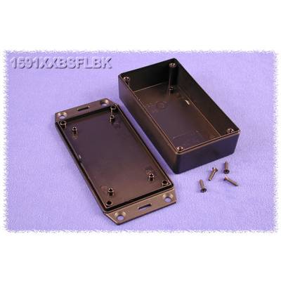 An open black plastic casing with its lid removed, lying on a lilac surface. Several screws are positioned beside it.