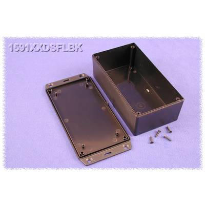 A rectangular, black plastic case with a removable lid and screws, lies open on a lilac background.