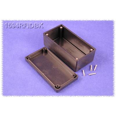 Black plastic casing on a blue background, open with a separate lid and screws lying beside it.