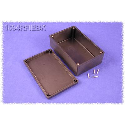 An opened rectangular black plastic enclosure with its lid removed, with four small screws beside it.