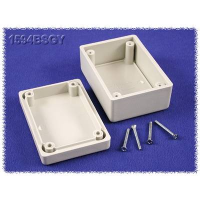 Grey, rectangular plastic enclosure in two parts with four screws on a blue background.