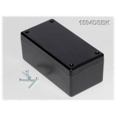 Black rectangular enclosure with four screws beside it, on a light background.