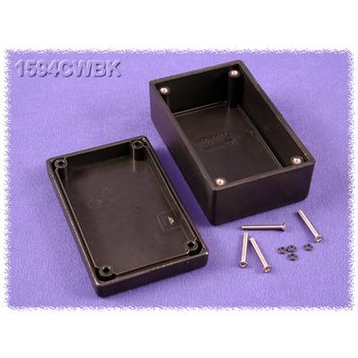Black plastic casing, opened, with four screws and nuts on a purple background. Model number '1594CWBK' top left.