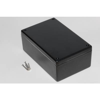 Rectangular black enclosure with four screws beside it, on a white background.