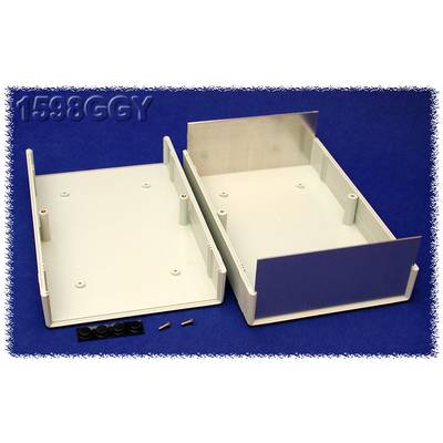 An open, two-part casing on a blue background. Contains screws and rubber feet. The number '1598GGY' is visible on the left.