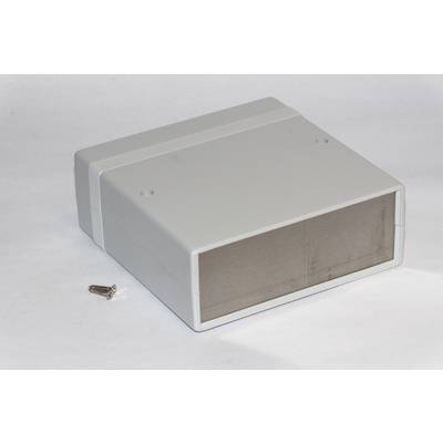 Rectangular grey plastic enclosure with lid removed, viewed from above. Two small screws are lying beside it.