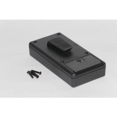Black device with a mounting clip, next to three black screws.