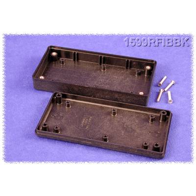 Two-part black plastic box with screws on a blue background. Enclosure number '1599RFIBBK' located top right in the image.