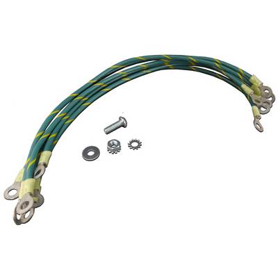 Green and yellow striped earthing cable with ring terminals, accompanied by a screw, washer and tooth washer.
