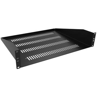 A black metal shelving unit with ventilation slots and side mounting brackets, suitable for installation in a server rack.