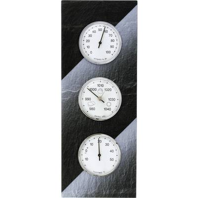 Three round instruments on a black background: hygrometer at the top, barometer in the middle, thermometer at the bottom. Displaying humidity, pressure, and temperature.