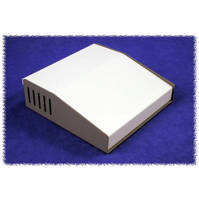 A rectangular, white plastic casing with several ventilation slots on the side. It is sitting on a blue surface.