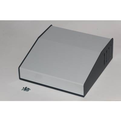 Skewed, trapezoidal plastic cover next to three small metal screws, lying on a white surface.<br><br>Translation to British English:<br>Skewed, trapezoidal plastic cover beside three small metal screws, resting on a white surface.
