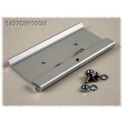 Metallic mounting bracket with multiple drill holes for fixing, alongside screws and nuts.