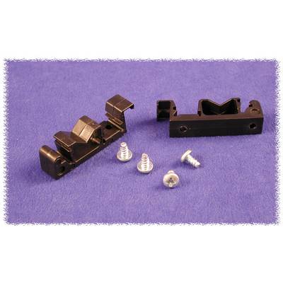 Two black mounting brackets and three silver screws on a lilac base. Components for a technical assembly.