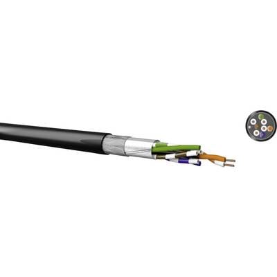 A cut network cable reveals its inner twisted conductors, surrounded by black insulation.