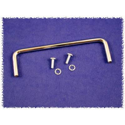 Metal handle bar with two screws and washers on a blue background.