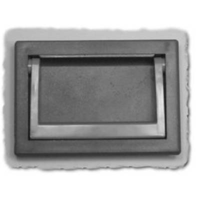 A rectangular metal letterbox slot, integrated into a wall, closed.