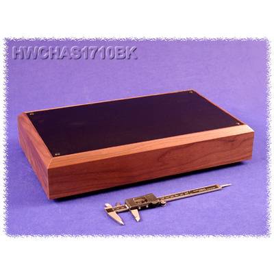 A rectangular, dark wooden display with a black surface and a digital vernier caliper beside it on a purple background.