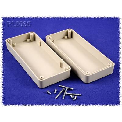 Plastic housing split into two halves, opened against a blue background. Four screws and a bolt are placed in front of it.