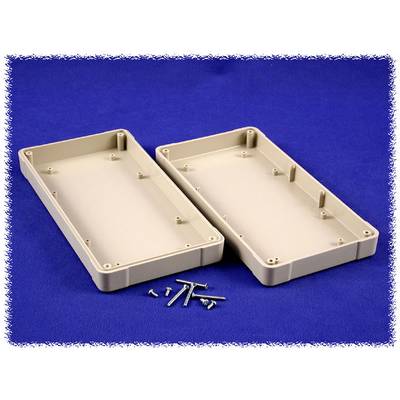 Two beige plastic housing halves and several small screws are lying on a blue background.