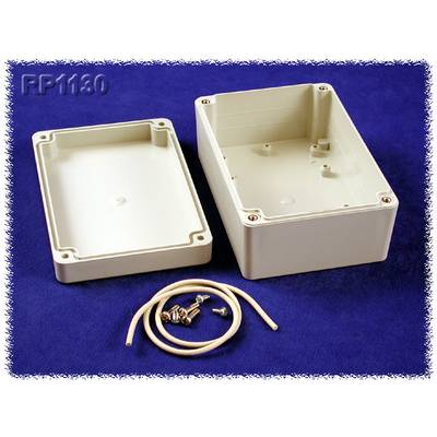'RP1130 plastic housing model, consisting of two parts, shown open. Includes screws and a white cable, against a blue background.'