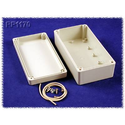White plastic housing box, opened. Contains screws and sealing ring. Placed on blue background. Model number 'RP1170' visible.