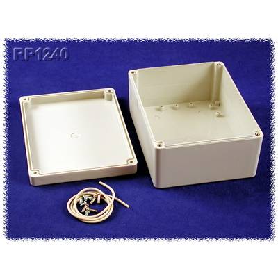 Electronic Enclosure: rectangular plastic box, open, with lid beside it. Accessories: screws and wire. Background in blue.