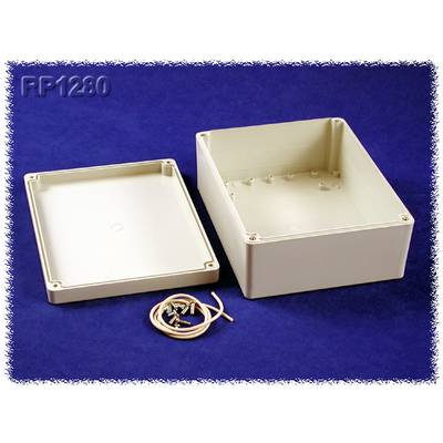 Opened grey plastic box with lid removed, with screws and cables beside it on a blue background.