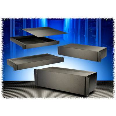Four black metal enclosures in front of a background of blue server racks. Some enclosures are open, revealing various dimensions.
