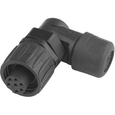 The image depicts a black, angled electrical plug with multiple contacts and a knurled screw connector.
