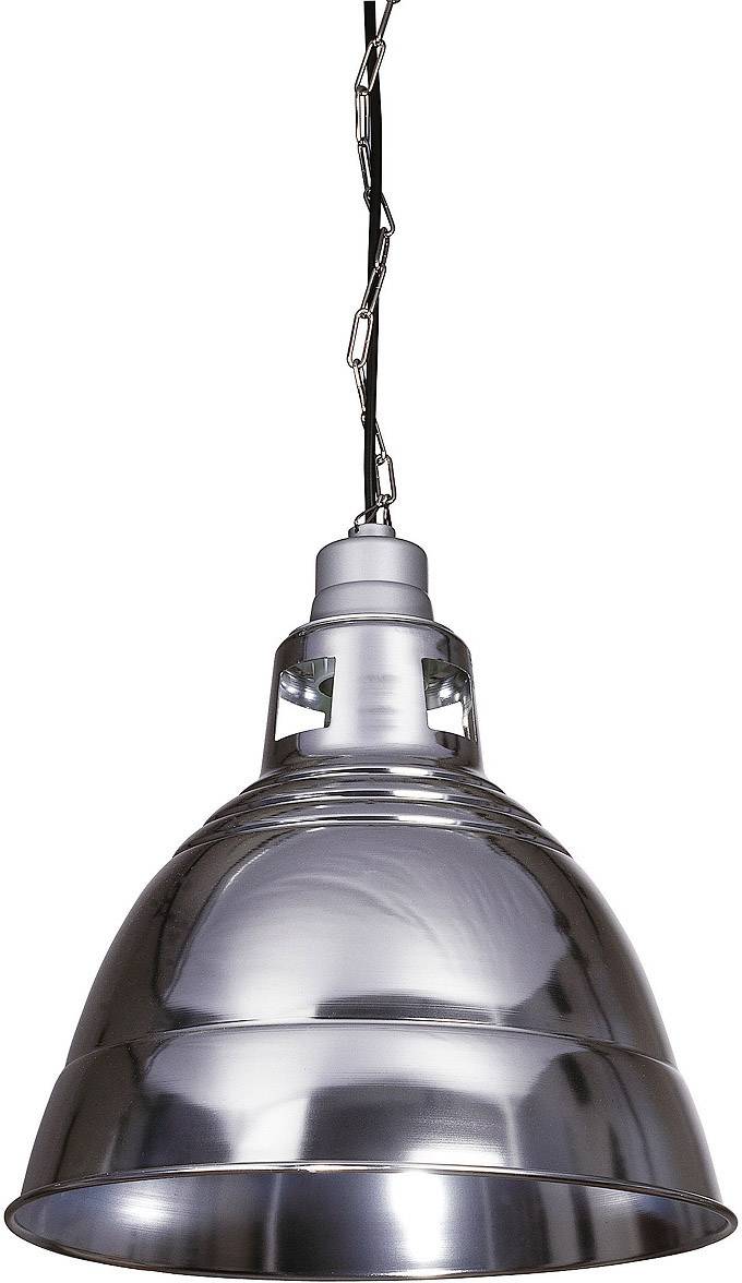A silver, metallic pendant light with a modern design and visible cable, hanging from the ceiling. It has a glossy surface.
