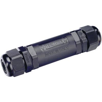 A black, cylindrical cable connector with the inscription 'Tee Tube' and 'Made in Italy'.