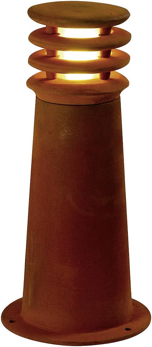 A rust-coloured outdoor light in a cylindrical form with louvres provides warm light for garden paths.