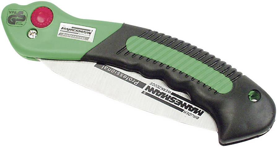 Folding knife with a black and green handle, red button and a blade inscribed with 'Mannesmann Professional'.