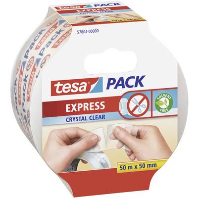 Hand tape dispenser with Tesa packing tape, transparent, 50 m x 50 mm, suitable for packaging. Solvent-free, easy to tear.
