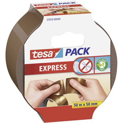 A roll of brown packing tape by the brand 'tesa PACK', labelled 'EXPRESS', 'solvent-free' with dimensions 50 m x 50 mm.