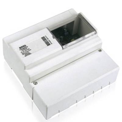 Electronic enclosure with transparent cover, showing internal components. Manufacturer label on the top surface.