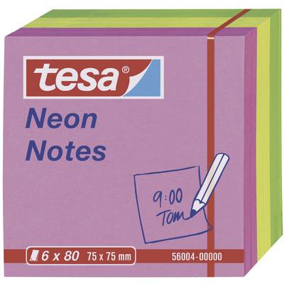 Colourful sticky notes in a stack, brand 'tesa', size 75 x 75 mm. Front note shows handwritten '9:00 Tom'. 6 blocks with 80 notes each.